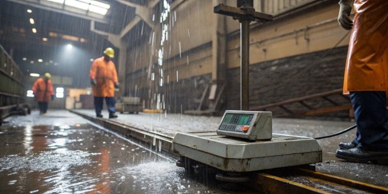 Lifespan of Industrial Digital Scales An industrial digital scale being used in a harsh, wet factory environment, highlighting its durability.