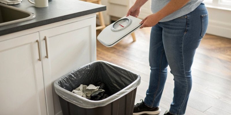 A person considering throwing an old bathroom scale into a garbage bin.