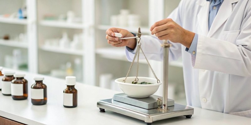 Professional Careers Relying on Scales A pharmacist carefully weighing ingredients for medication on a certified scale