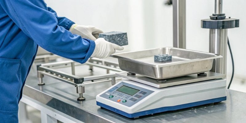 A certified weight being placed on a scale to test for accuracy