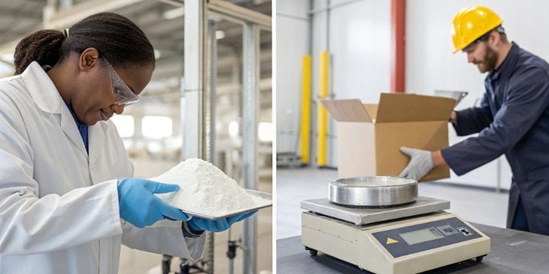 A split image showing a scientist carefully measuring powder on a high-accuracy lab scale and a warehouse worker quickly weighing a box on a scale with a large, clear display.