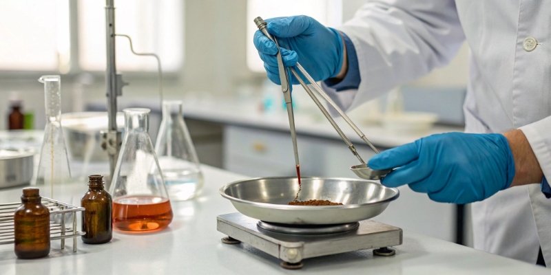 Proper Balance Usage A scientist using forceps to place a sample onto a balance pan.