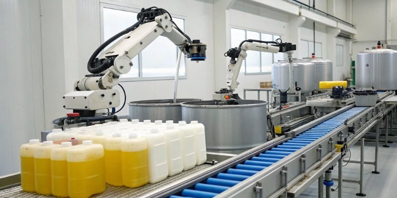 Automation in Chemical Batching An automated chemical dispensing system with robotic arms and conveyor belts