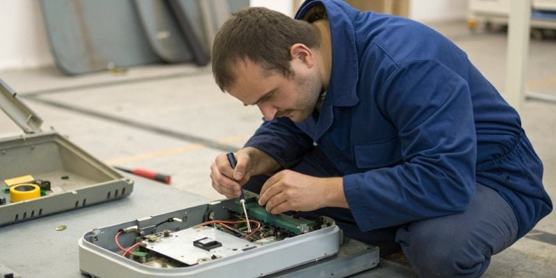 Repairing vs. Calibrating a Weighing Scale A technician repairing a scale's internal components.