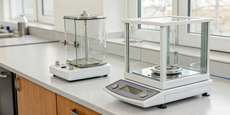 Difference between analytical and precision lab balances side-by-side comparison of an analytical balance with a draft shield and a top-loading precision balance