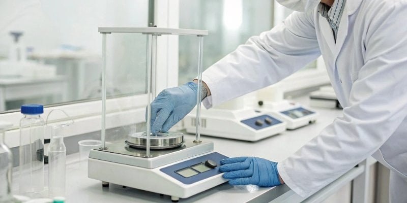 A laboratory technician using a high-precision analytical balance.