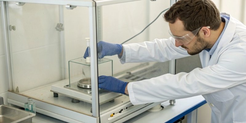 Lab Balance in Use A scientist using an analytical balance inside a fume hood