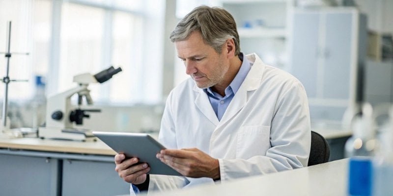 Laboratory Data Compliance Check A compliance officer reviewing digital records on a tablet in a lab