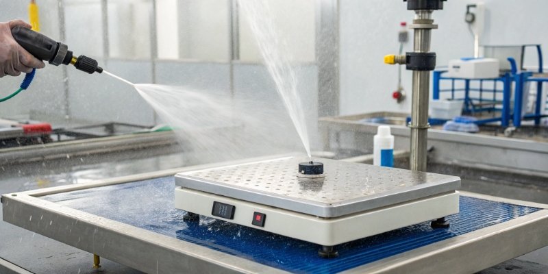 Waterproof IP-Rated Laboratory Scale A waterproof scale being sprayed with water in a test environment