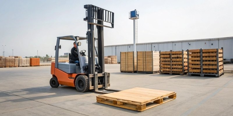 A forklift with an integrated weighing scale lifting a pallet outdoors