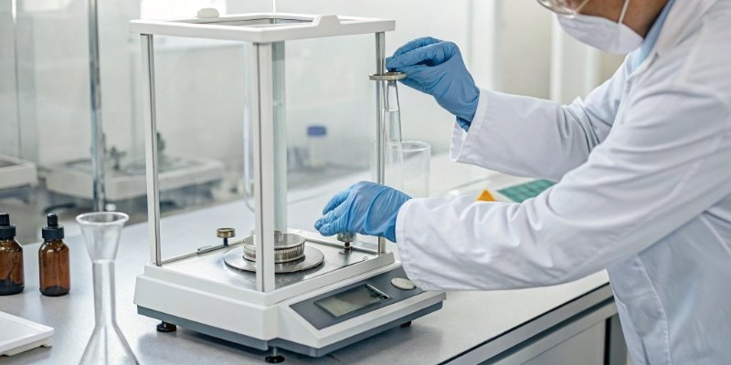 High-Precision Laboratory Balance A lab technician using a precision balance with a draft shield
