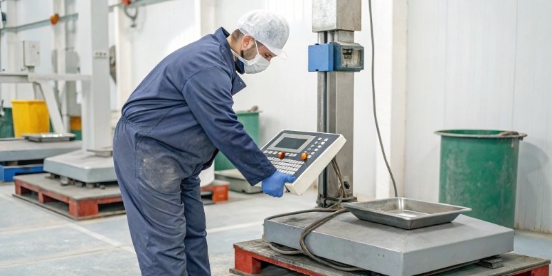 Scale Calibration Service A technician calibrating an industrial scale with certified weights