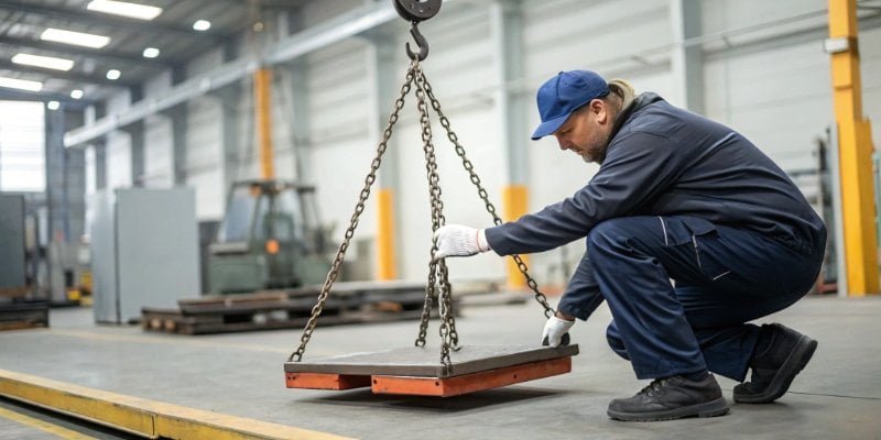 A technician performing calibration on an industrial scale with certified weights