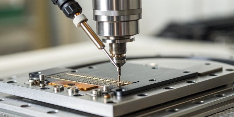 A close-up of a high-precision strain gauge showing its intricate design