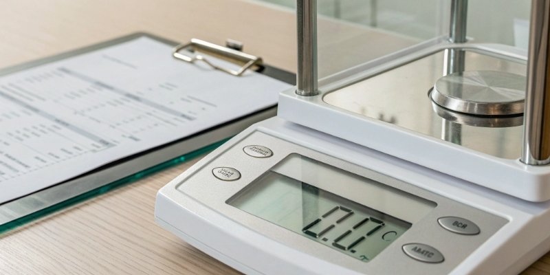 Accurate Digital Scale Display A close-up of a digital scale display showing a precise weight, with a calibration certificate visible in the background.