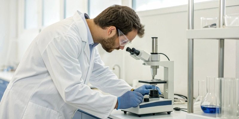ISO/IEC 17025 Accreditation A technician in a lab working on a precision scale, with an ISO/IEC 17025 logo overlay