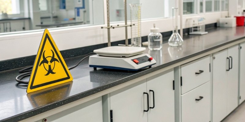 Common Causes of Balance Inaccuracy A warning sign for vibrations and air drafts near a lab balance.