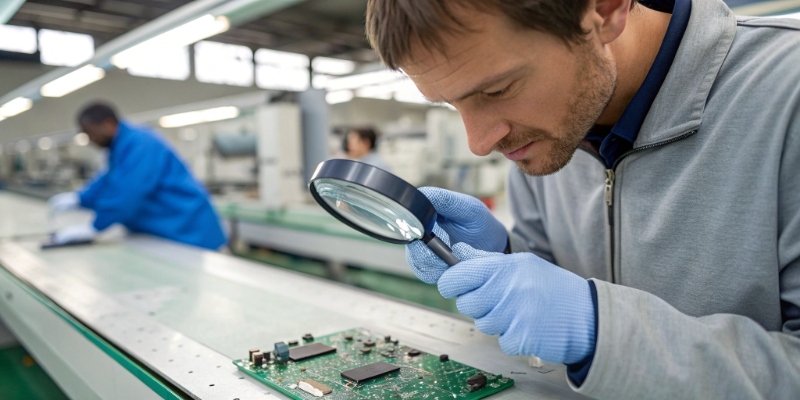 A quality control inspector wearing gloves and using a magnifying glass to check a circuit board.