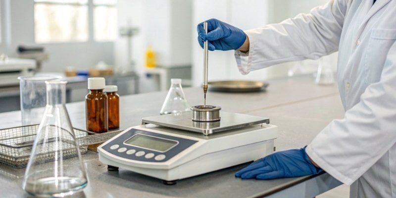Testing Scale Accuracy with Calibration Weights A lab technician placing a certified calibration weight onto an industrial scale.