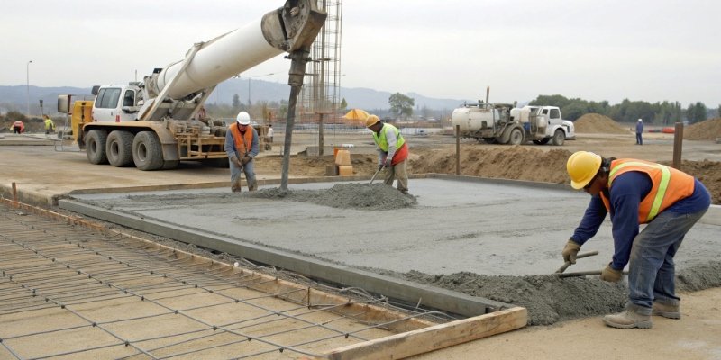 Truck Scale Installation and Foundation A construction site with workers pouring a concrete foundation for a truck scale