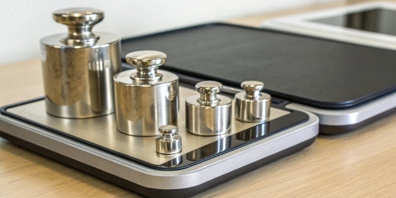 A set of certified calibration weights on a digital scale