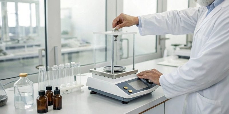 A technician performing calibration on a lab scale.
