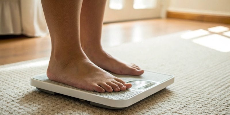 A person's feet placed unevenly on a digital bathroom scale.