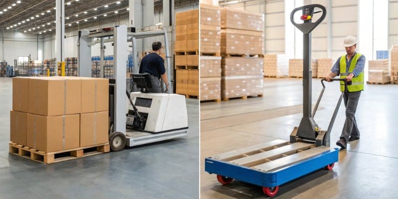 Essential Scales for Manufacturing and Logistics A collage of a floor scale, pallet truck scale, and a checkweigher in action in a warehouse