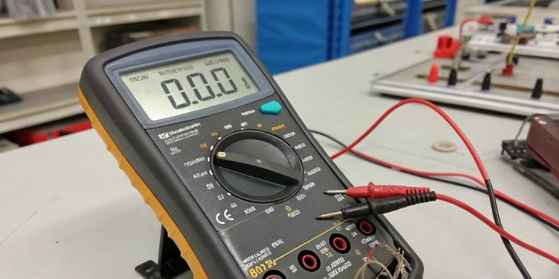 A digital multimeter testing the resistance of a strain gauge