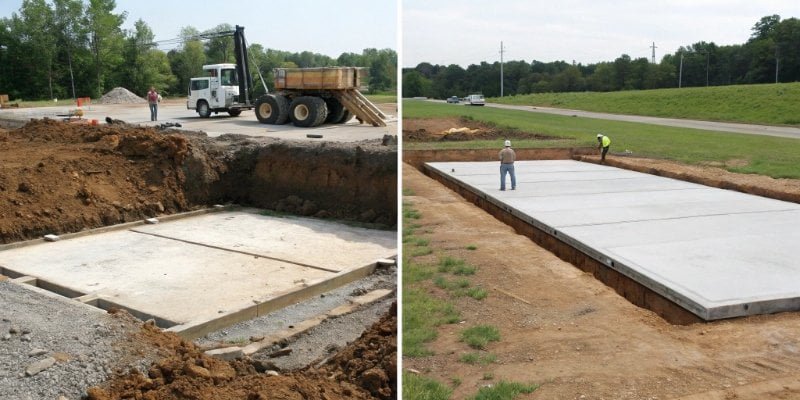 Pit Foundation vs Slab Foundation for Truck Scales A split image showing a pit foundation on one side and a slab foundation with ramps on the other.