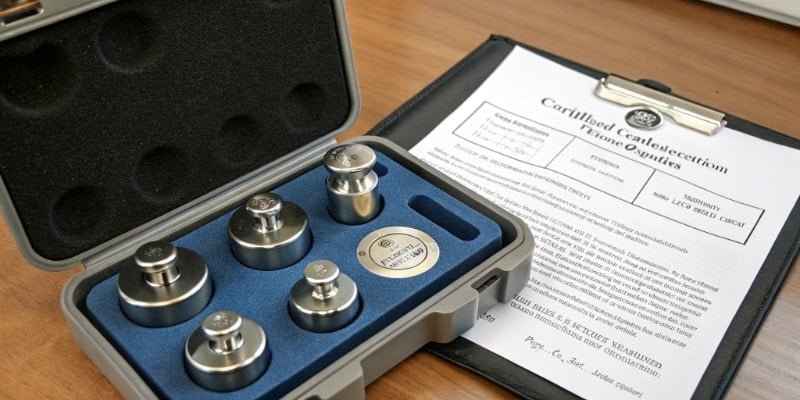 A set of certified calibration weights in a protective case with a certificate nearby.