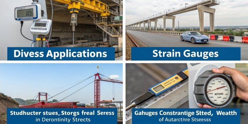 An infographic showing diverse applications of strain gauges in different industries