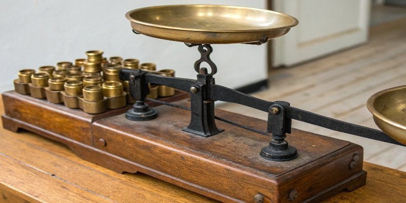 An old-fashioned Roberval balance scale with brass weights.