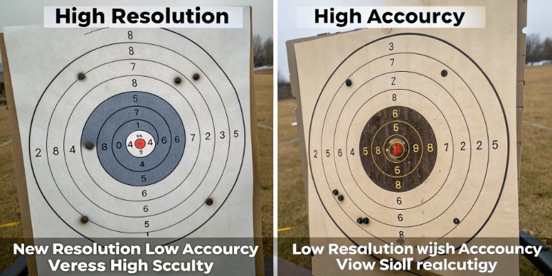 Scale Accuracy vs. Resolution Explained A target analogy showing high resolution/low accuracy vs. high accuracy/low resolution.