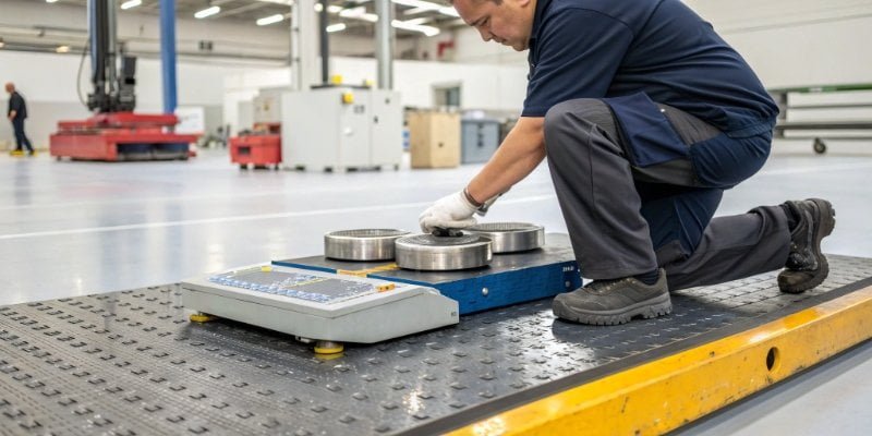 Calibration of Industrial Weighing Equipment A technician using certified weights to calibrate an industrial floor scale