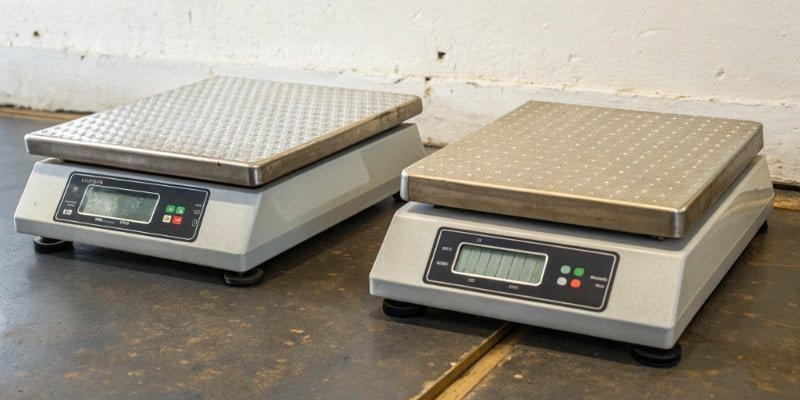 Comparing Scale Readings Two different industrial scales side-by-side showing slightly different weights for the same object