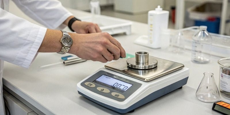Digital Scale Calibration Check A person placing a small test weight on a digital bench scale