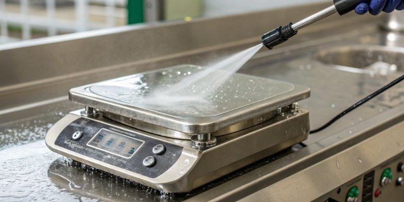 Hygienic and Washdown-Safe Food Scale A close-up of a stainless steel washdown scale being cleaned with a water jet.