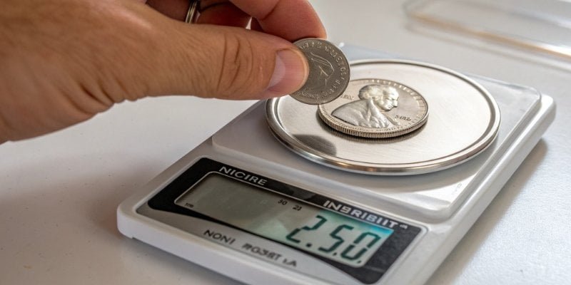 Using a Coin for Scale Calibration A US nickel being placed on a small digital scale.