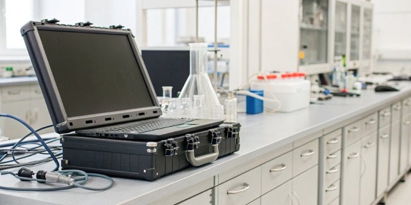 Specialized Laboratory Computer System A rugged industrial computer connected to laboratory equipment