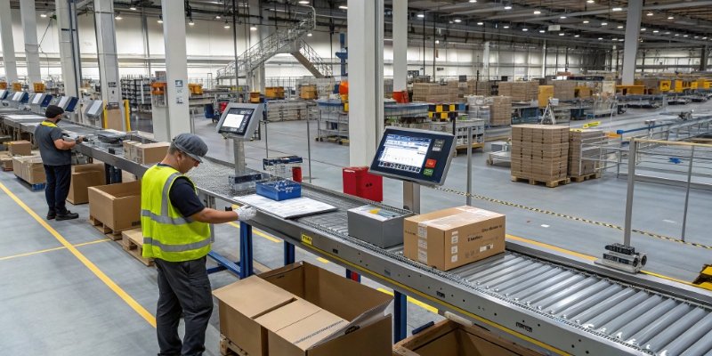 Industrial Scales for Operational Efficiency A busy factory floor with integrated industrial scales at various stations