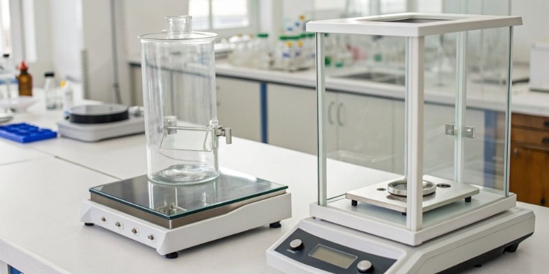Analytical Balance vs. Precision Balance An analytical balance with a glass shield next to a top-loading precision balance