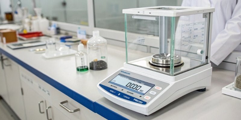 An analytical balance displaying a precise measurement