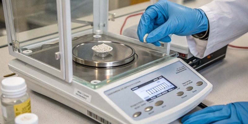 Microbalance for High Precision Weighing alt text: A close-up of a microbalance with a tiny sample on the weighing pan inside a double draft shield