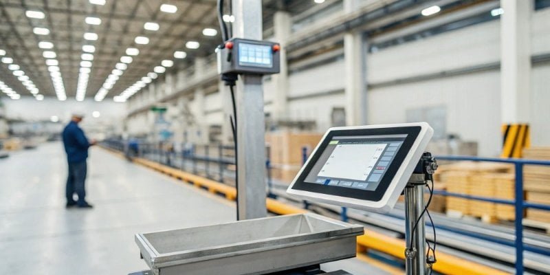 Smart Scale Data Integration An industrial scale sending data wirelessly to a tablet showing a factory management dashboard.