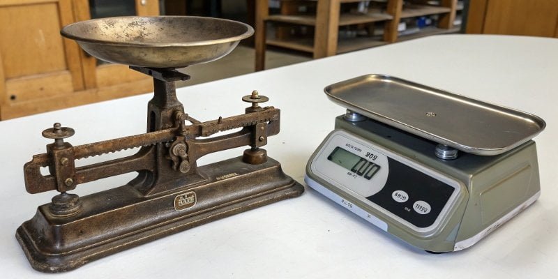 A comparison shot of a vintage mechanical scale and a modern digital scale