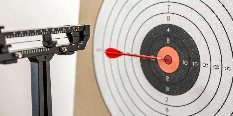 Explaining lab scale readability versus accuracy a graphic illustrating the concept of readability (fine digits on a display) versus accuracy (hitting the bullseye of a target)