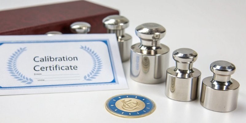 A calibration certificate with a seal of approval next to a set of polished, certified calibration weights.