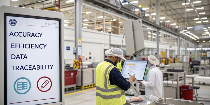 An infographic highlighting key benefits: Accuracy, Efficiency, Data, and Traceability