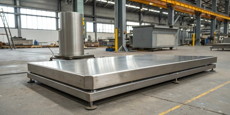 a robust, stainless steel industrial scale in a factory setting